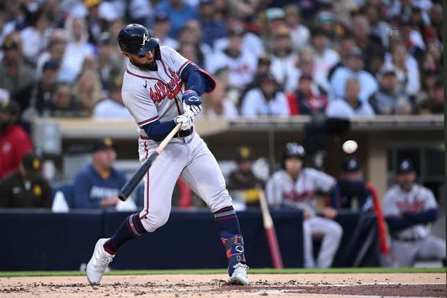 Apr 18, 2023; San Diego, California, USA; Atlanta Braves left fielder Kevin Pillar (17) hits an RBI double against the San Diego Padres during the second inning at Petco Park.