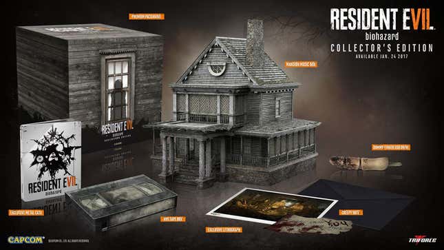 Promotional art for Resident Evil 7's collector's edition shows as model house, a USB finger, VHS, and artwork.
