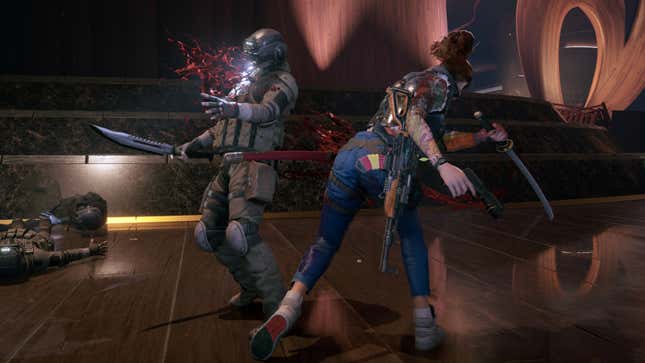 A Wanted: Dead image of protagonist Hannah Stone slashing some military soldier with her katana.