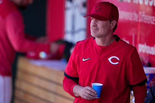 Cincinnati Reds manager David Bell stands by in the dugout during the eighth inning of the MLB Cactus League spring training game between the Cincinnati Reds and the Cleveland Guardians at Goodyear Ballpark in Goodyear, Ariz., on Saturday, Feb. 25, 2023.

Cleveland Guardians At Cincinnati Reds Spring Training