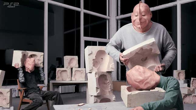 Men create molds of heads from flesh-colored putty in a surreal PS2 ad.