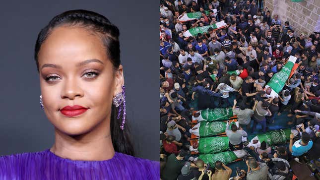 Rihanna at the 51st NAACP Image Awards on February 22, 2020; Palestinians gather to pray around the bodies of 13 Hamas militants, killed in Israeli air strikes, during their funeral on May 13, 2021.