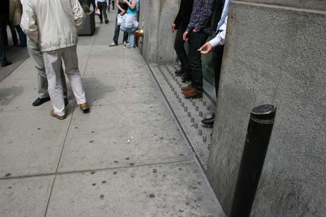 Spikes similar to the ones seen outside some British department stores make loitering of any kind uncomfortable.