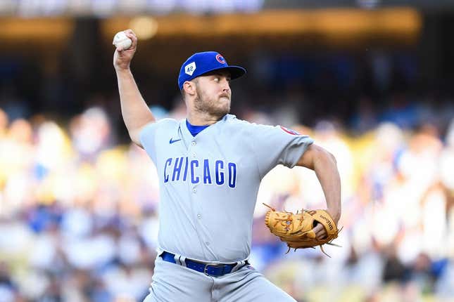 Apr 15, 2023; Los Angeles, California, USA; Chicago Cubs starting pitcher Jameson Taillon throws a pitch against Los Angeles Dodgers during the first inning at Dodger Stadium.
