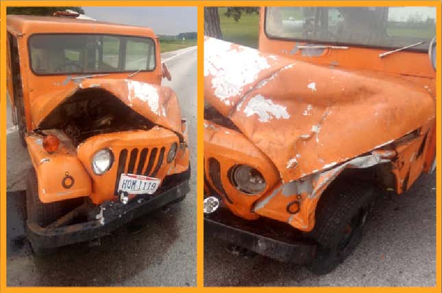 Image for article titled Man Crashes Flimsy Postal Jeep And Somehow Avoids Instant Death