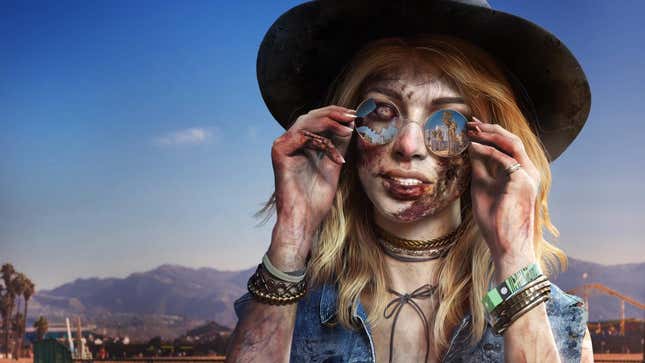 A zombie woman in a Coachella outfit grins slightly in front of a blue sky.