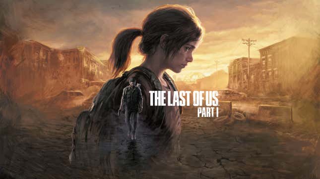 The title screen of The Last of Us, Part I featuring the game's title superimposed over an image of the grame's protagonists, Joel (an adult man holding a gun and looking toward the viewer) and Ellie, a young girl viewed in profile.