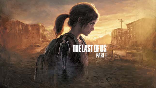 L'écran titre de The Last of Us, Part I avec le titre du jeu superposé sur une image des protagonistes du Grame, Joel (un homme adulte tenant une arme à feu et regardant vers le spectateur) et Ellie, une jeune fille vue dans le profil.