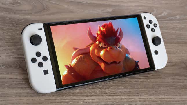 A Nintendo Switch with Bowser from The Super Mario Movie
