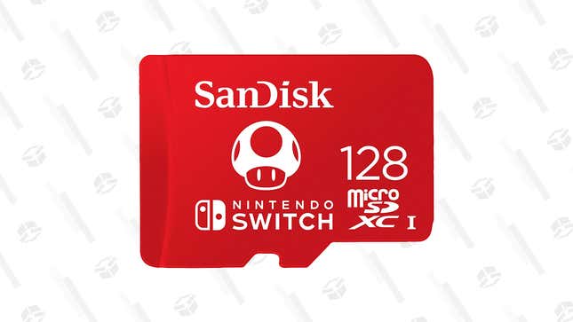 A Licensed SanDisk 128GB MicroSDXC Card for Nintendo Switch with a Super Mario mushroom on it is shown.