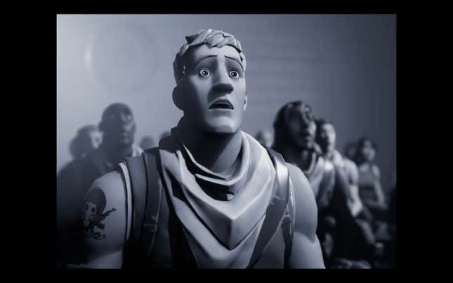 Fortnite character looks on with his mouth agape as he watches a man on screen spoofing Apple's 1984 Apple's Macintosh Commercial in Epic's #FreeFortnite campaign video. 