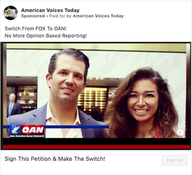 A Facebook ad from the "American Voices Today" page that says "Switch From FOX To OAN! No More Opinion Based Reporting! Sign This Petition & Make the Switch!" with a picture of Donald Trump Jr. and Chanel Rion