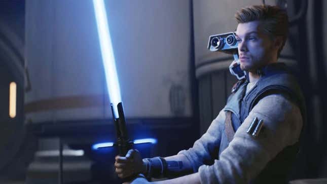 A screenshot shows Cal holding a blue lightsaber with extended crossguard blades.