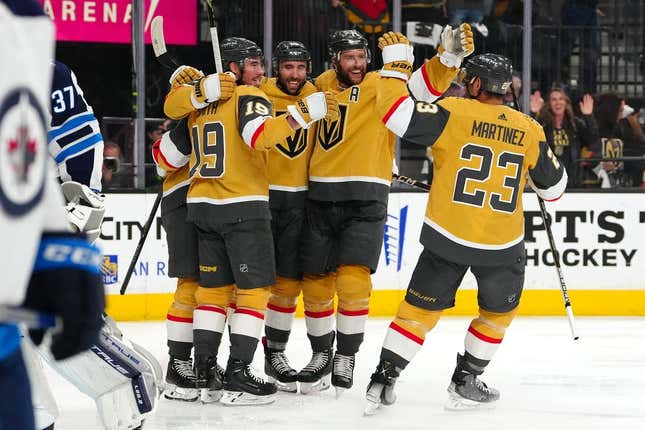 Apr 27, 2023; Las Vegas, Nevada, USA; Vegas Golden Knights right wing Reilly Smith (19), right wing Michael Amadio (22), defenseman Alex Pietrangelo (7), and defenseman Alec Martinez (23) celebrate a goal scored by center William Karlsson (71) during the second period against the Winnipeg Jets in game five of the first round of the 2023 Stanley Cup Playoffs at T-Mobile Arena.