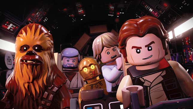 A screenshot of Han Solo, Chewbacca, Obi-Wan and Luke inside a spaceship's cockpit. 