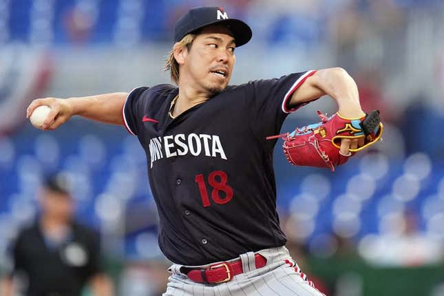 Apr 4, 2023; Miami, Florida, USA;  Minnesota Twins starting pitcher Kenta Maeda (18) pitches against the Miami Marlins in the first inning at loanDepot Park.