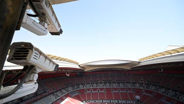 Cameras are pictured on March 28, 2022 above Qatar’s Al-Bayt Stadium in Doha, which will host matches of the FIFA football World Cup 2022