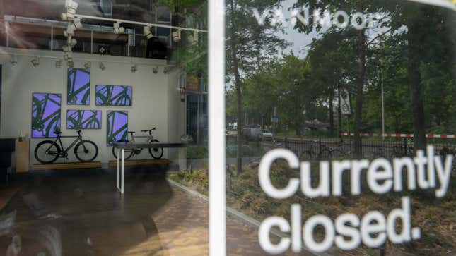 VanMoof bicycles are displayed at the company's head office in Amsterdam, Netherlands, Tuesday, July 18, 2023.