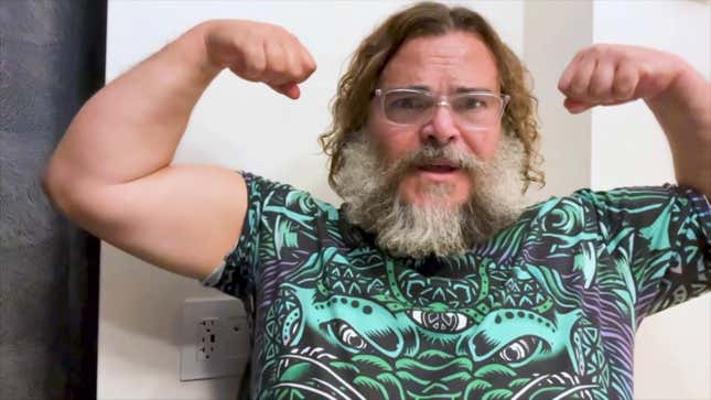 Jack Black flexes his arms while talking about the upcoming Super Mario Bros. movie, where he plays Bowser alongside Chris Pratt (as Mario.)