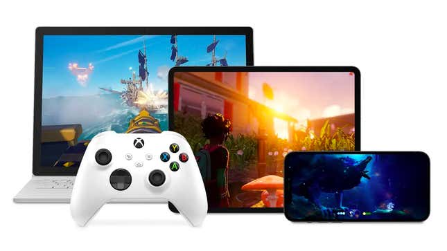 an xbox series s controller against a tablet, a phone, and a laptop against a white background showing xbox cloud gaming