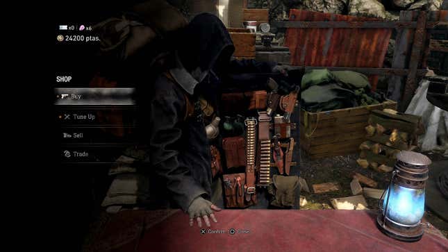 The Merchant stands in front of a table in RE4.