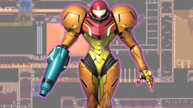 Space bounty hunter Samus Aran poses. In the background is a map of Norfair from Super Metroid.