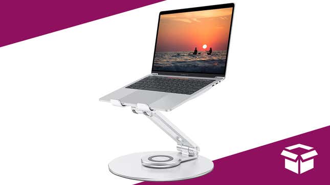 A laptop is propped up on the adjustable laptop stand.