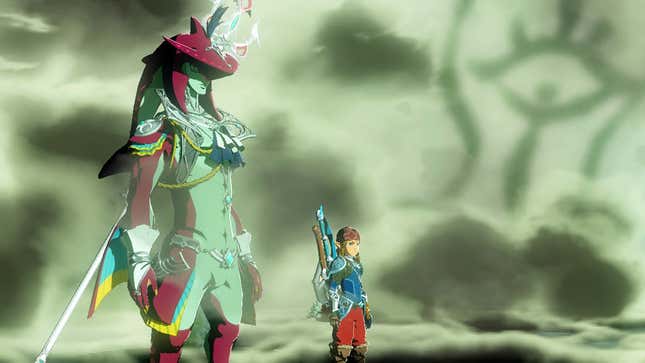 Link and Sidon are seen standing next to each other in a dream-like area.
