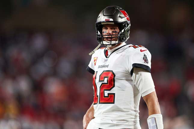 Jan 16, 2023; Tampa, Florida, USA; Tampa Bay Buccaneers quarterback Tom Brady (12) looks on before a  wild card game against the Dallas Cowboys at Raymond James Stadium.