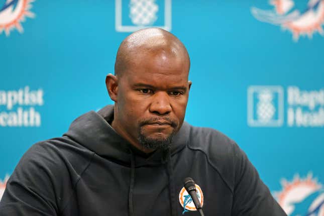 Miami Dolphins head coach Brian Flores talks to the media before an NFL football practice at Baptist Health Training Complex in Hard Rock Stadium in Miami Gardens, Fla., Wednesday, Oct. 6, 2021. Former Miami Dolphins coach Brian Flores filed a class-action lawsuit against the NFL alleging racist hiring practices.