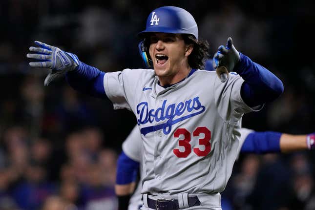 Los Angeles Dodgers OF James Outman celebrates his grand slam against the Chicago Cubs during the ninth inning.
