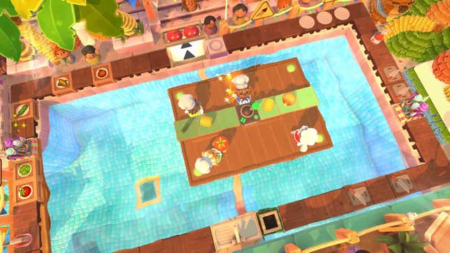 Four chefs cook in the kitchen in Overcooked 2.