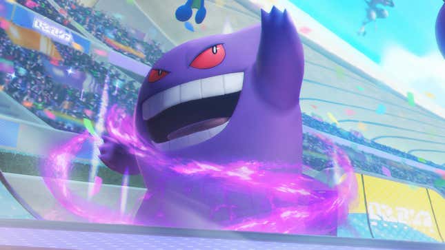 Gengar, a purple ghost Pokémon, smiles devilishly in the thick of battle.