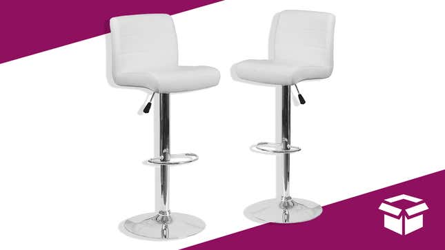 A pair of white vinyl, rolled seat barstools