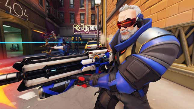 Soldier: 76 is seen leading his team into battle, with Hanzo, Sojourn, and Sigma following him.