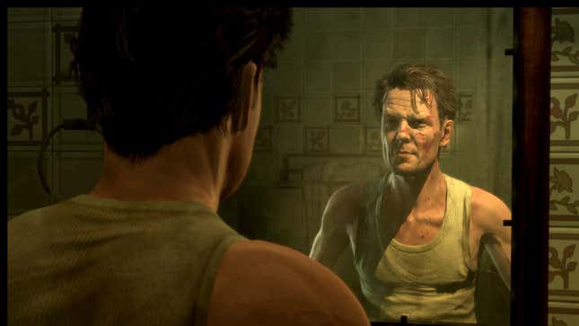 Max Payne 3'te Max Payne rolünde Sam Lake, mod yapımcısı AlexSavvy sayesinde aynada kendine bakıyor.
