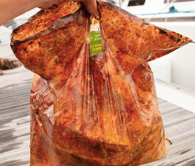 This bag was labeled as “biodegradable.” It seems to be doing just fine after three years in seawater.