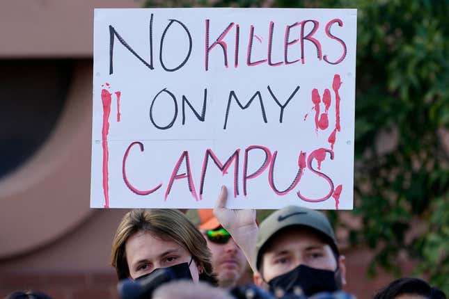 Students for Socialism protest on campus demanding that Kyle Rittenhouse not be allowed to enroll at Arizona State University, Wednesday, Dec. 1, 2021, at ASU in Tempe, Ariz. Protesters were demanding the university disavow the 18-year-old, who was acquitted of murder in the deadly shootings during 2020&#39;s unrest in Kenosha, Wis.