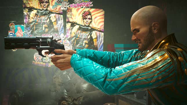 V is shown pulling a gun on someone off-screen.
