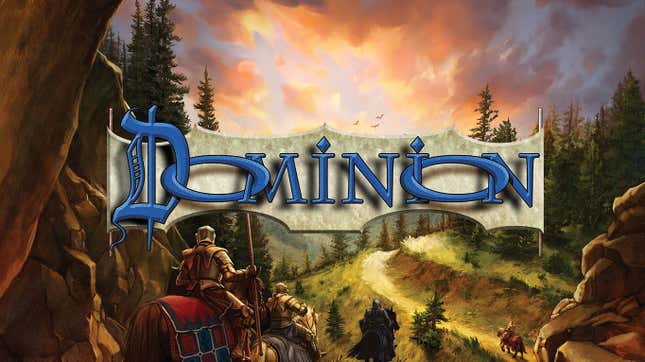 Une capture d'écran montre le logo Dominion au-dessus d'une forêt au coucher du soleil.