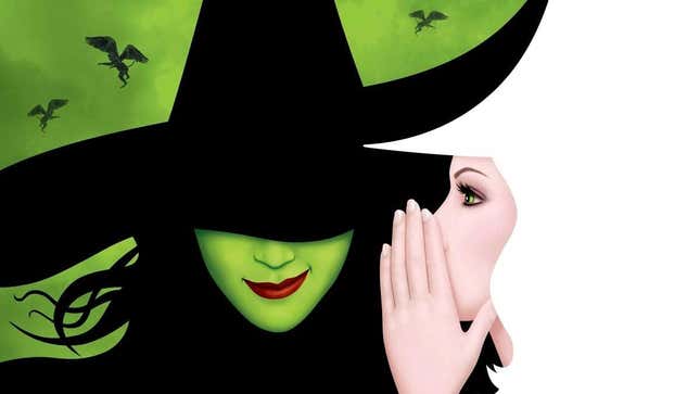 Glinda the Good Witch in white whispers to the smirking, green-skinned Wicked Witch of the West