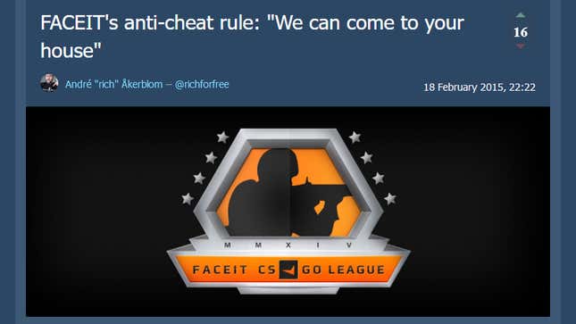 A screenshot from the Fragbite website reads "FACEIT's anti-cheat rule: "We can come to your house"