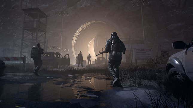 A screenshot shows armed survivors walking into a large vault. 