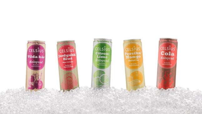 Celcius energy drinks chilling on a pile of ice. 