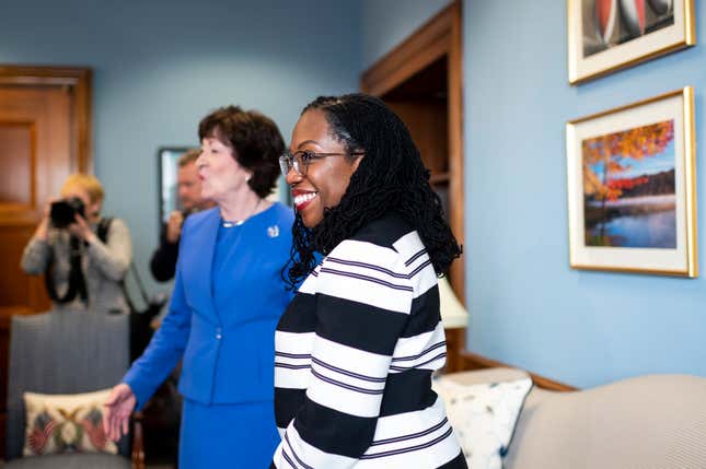 Judge Ketanji Brown Jackson, President Biden’s nominee for Associate Justice to the Supreme Court, meets with Sen. Susan Collins, R-Maine, in her office on Tuesday, March 8, 2022.