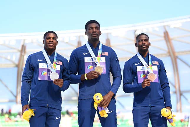 Silver medalist Marvin Bracy, gold medalist Fred Kerley and bronze medalist Trayvon Bromell sweep the 100M podium for the US at the World Championships in Eugene, Ore.