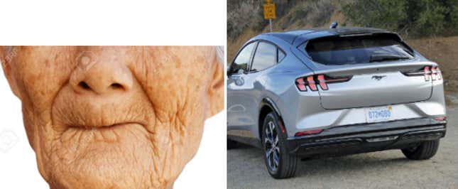 A split image with a toothless old person on the left and the rear of a silver Ford Mustang Mach