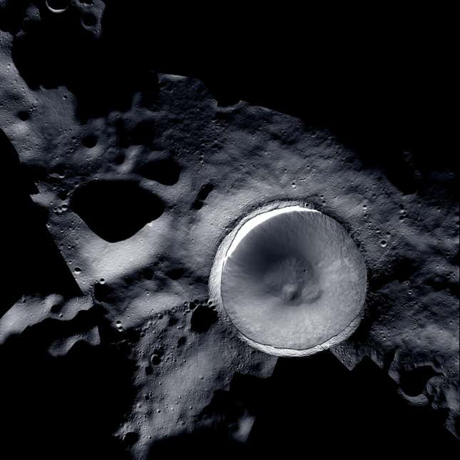 Image for article titled Orbiting Lunar Cameras Join Forces to Weave Beautiful Mosaic of Shadowed Moon Crater