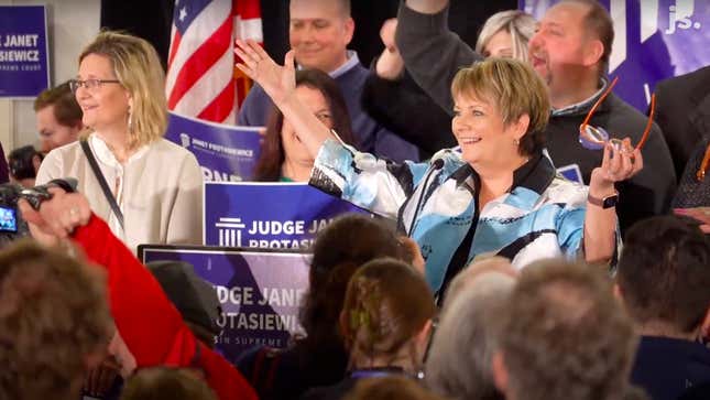 Wisconsin Supreme Court winner Janet Protasiewicz celebrates after beating Dan Kelly