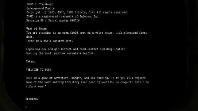 The opening screen of Zork, with white text on a black background.